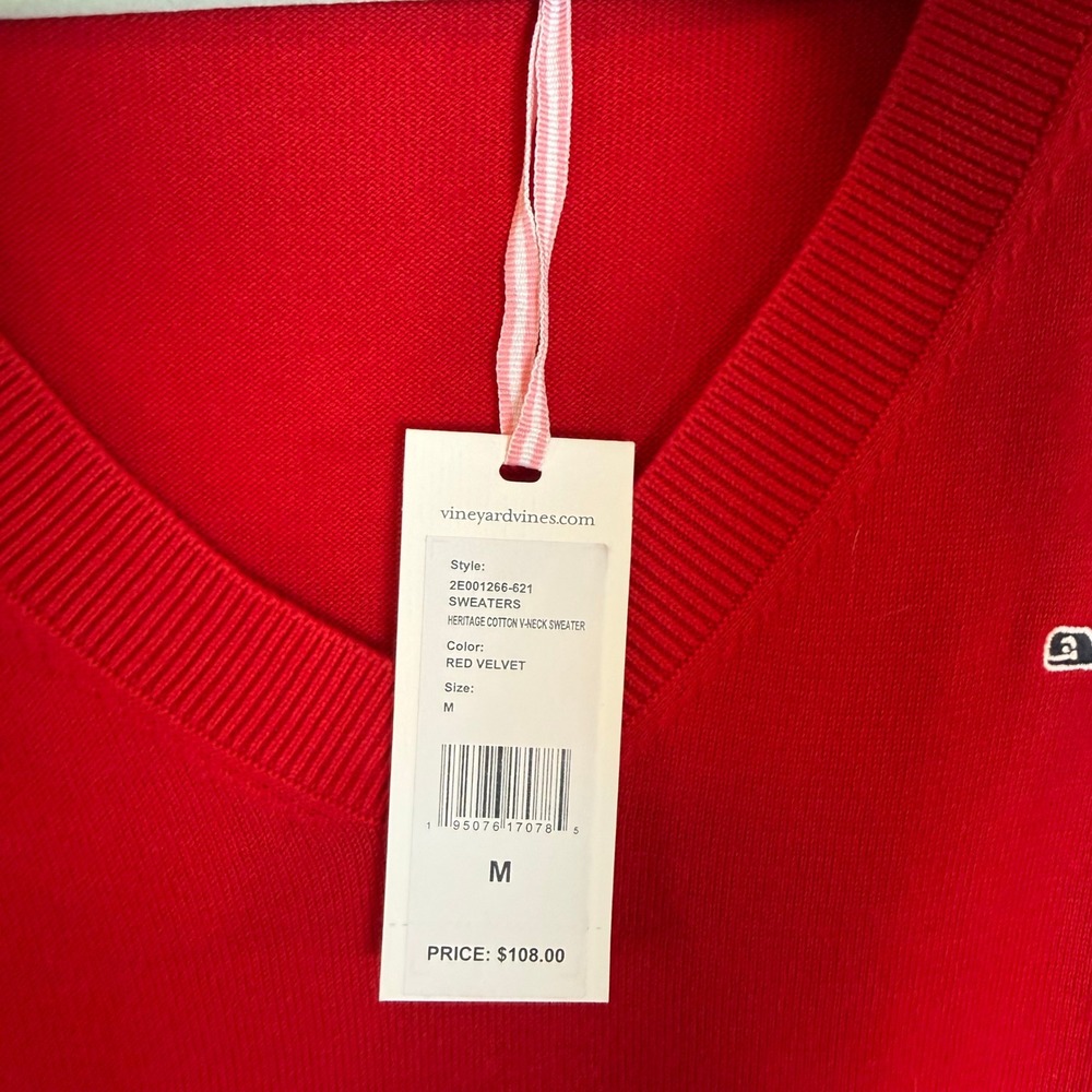 Vineyard Vines Red Velvet Heritage Cotton V Neck Sweater Womens Medium M Whale - Picture 7 of 11